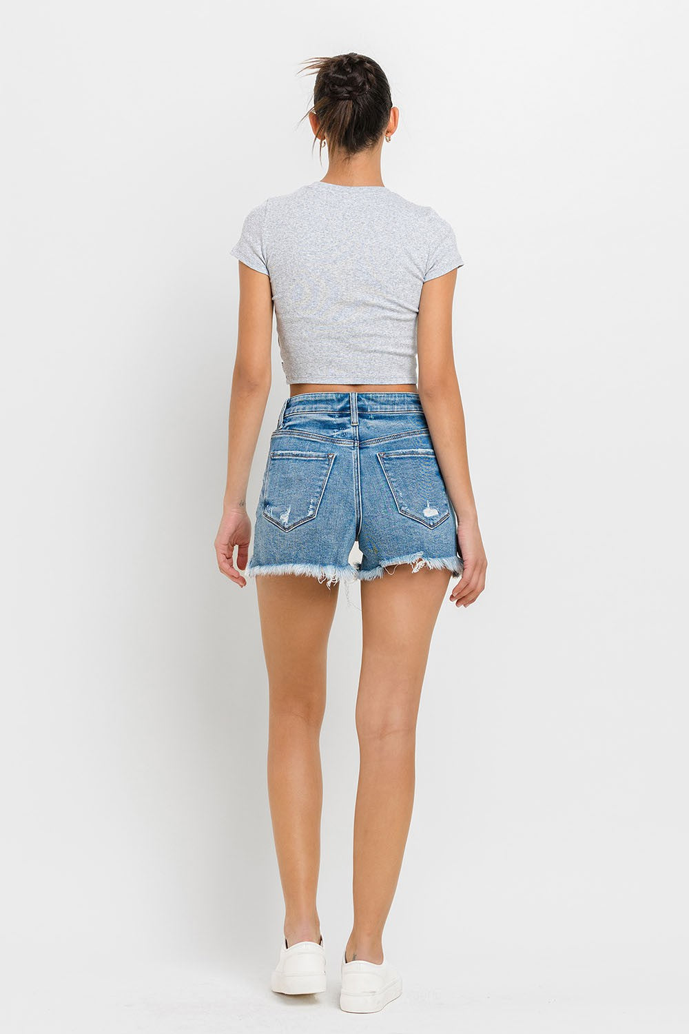 Lovervet Women's Stepped Waist Raw Hem Denim Shorts – Trendy Summer Essential