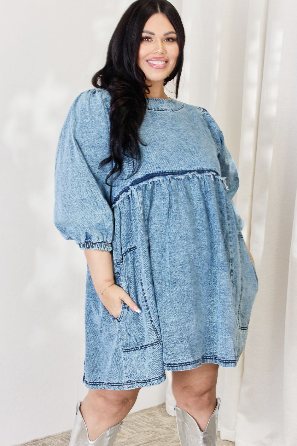 HEYSON Oversized Denim Babydoll Dress - Full Size Trendy Balloon Sleeve