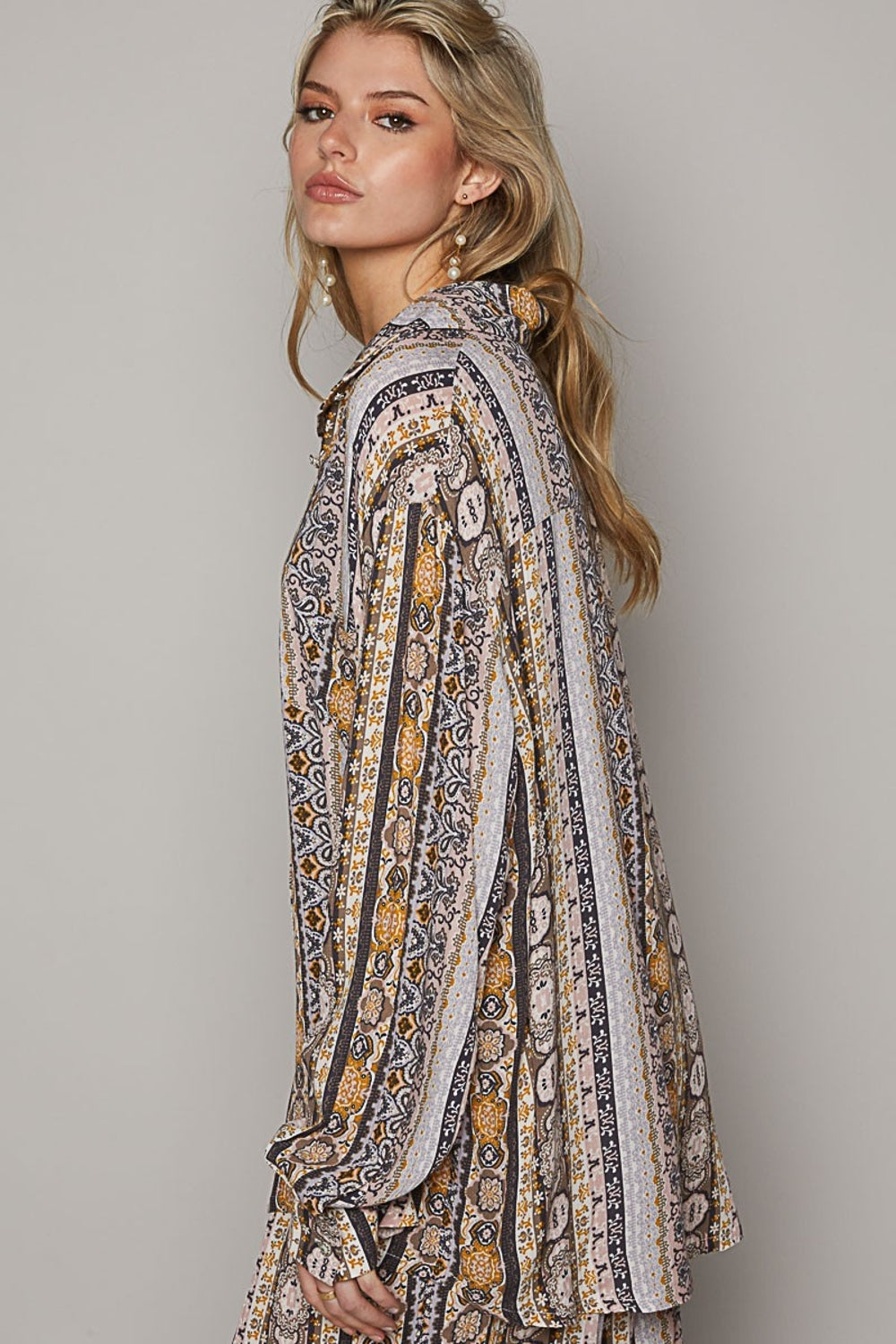 POL Long Sleeve Button Down Printed Shirt - Stylish Rayon Top for Versatile Outfits