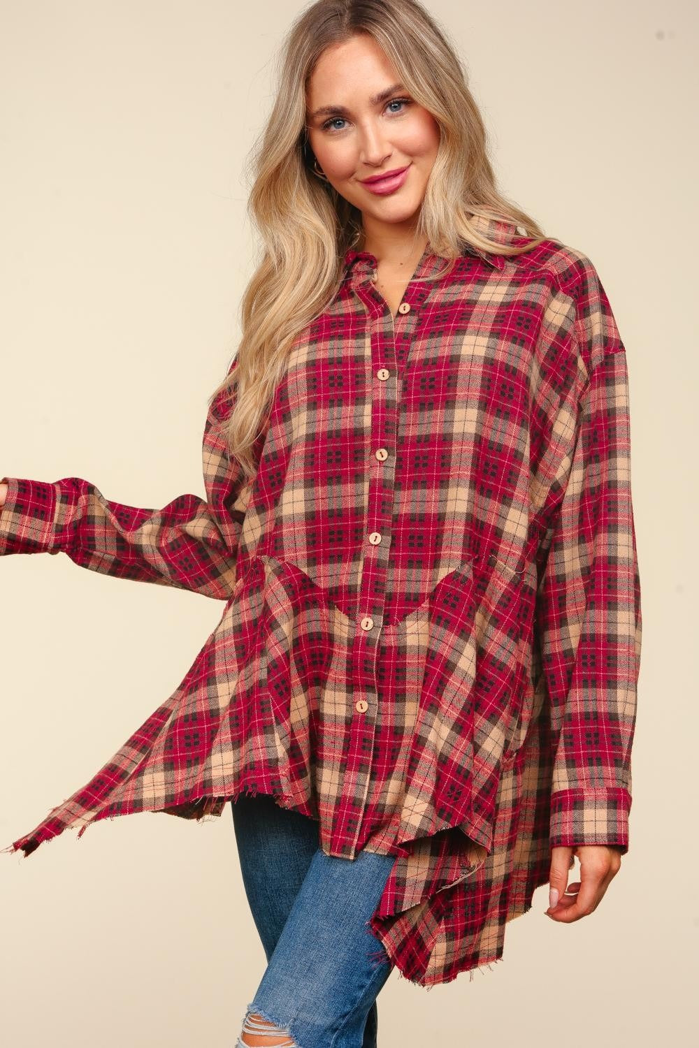 Haptics Women's Plaid Button-Down Sharkbite Hem Tunic Shirt