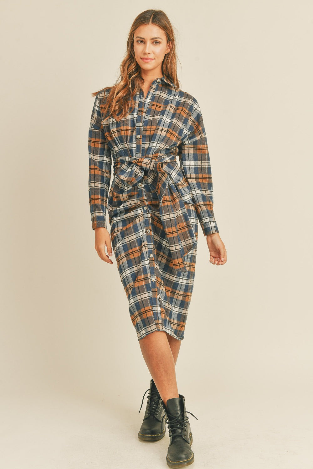 Women's Mable Plaid Flannel Button Down Tie Shirt Dress - Trendy & Versatile