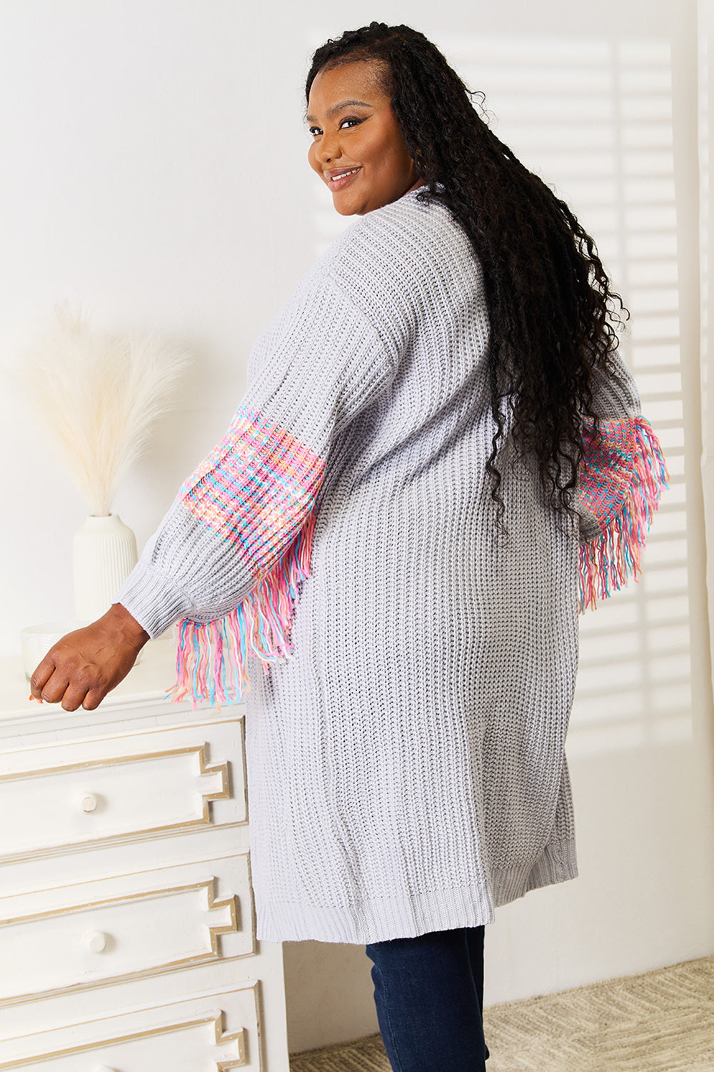 Trendy Fringe Sleeve Dropped Shoulder Cardigan - Cozy & Stylish Layer