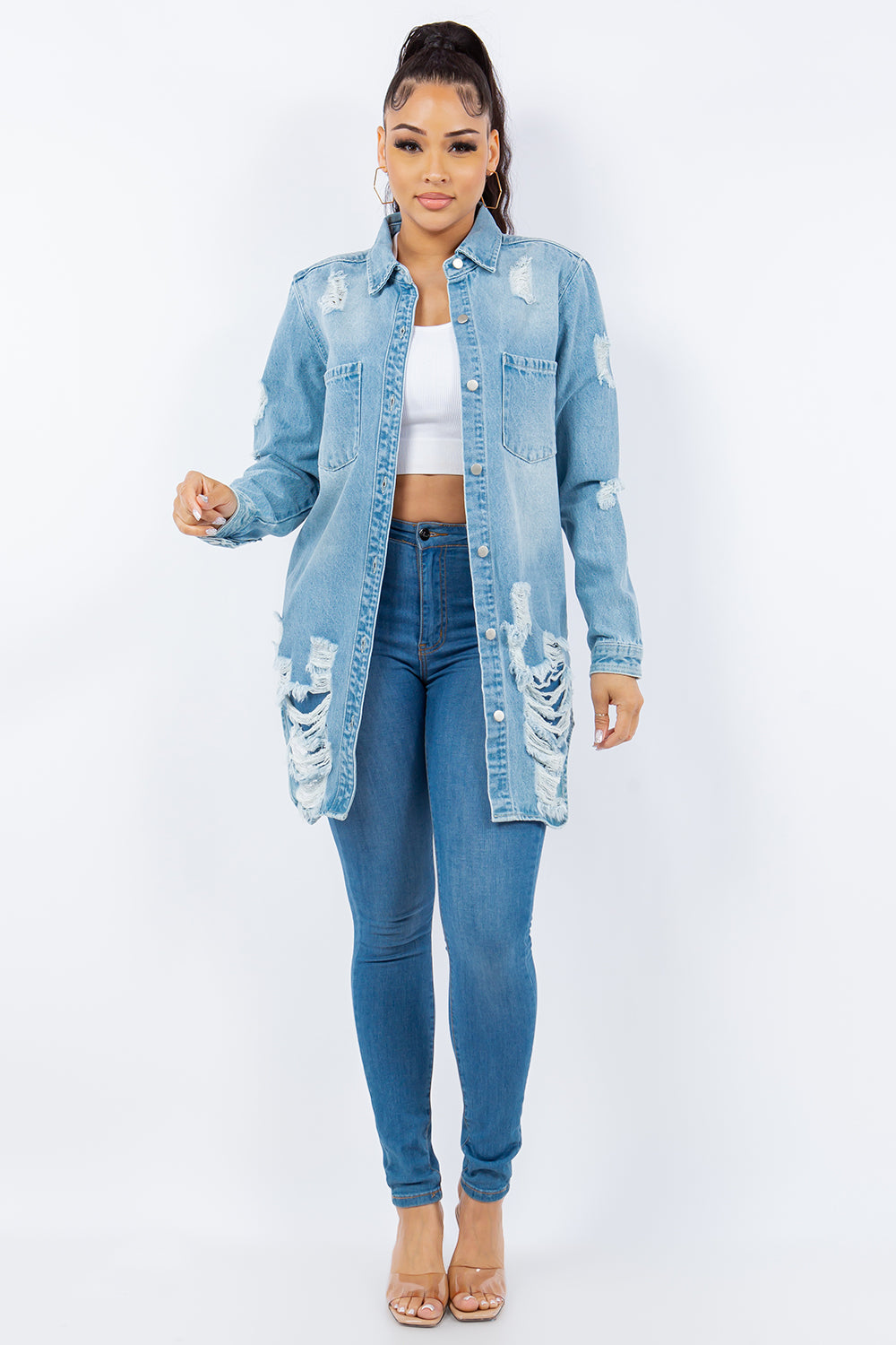 American Bazi Women's Distressed Denim Jacket - Trendy Button-Up Long Sleeve
