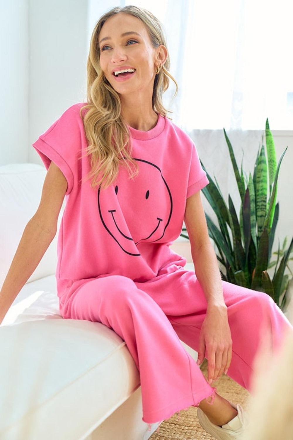 First Love Smile Face Relaxed Cotton T-Shirt with Drop Shoulder