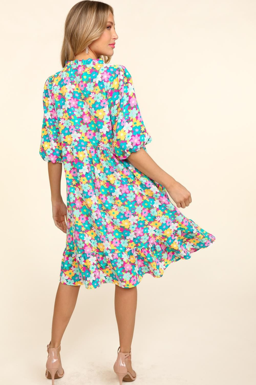 Haptics Women's Floral Ruffled Bubble Sleeve Dress