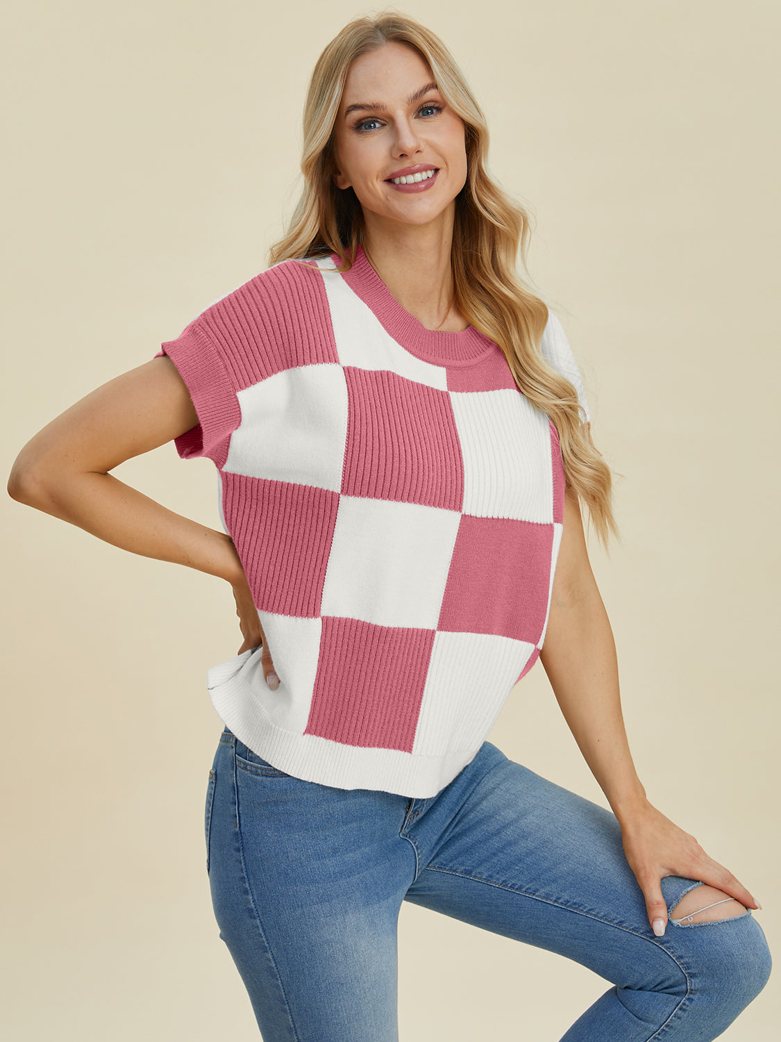 Stylish Checkered Round Neck Short Sleeve Sweater - Double Take Collection