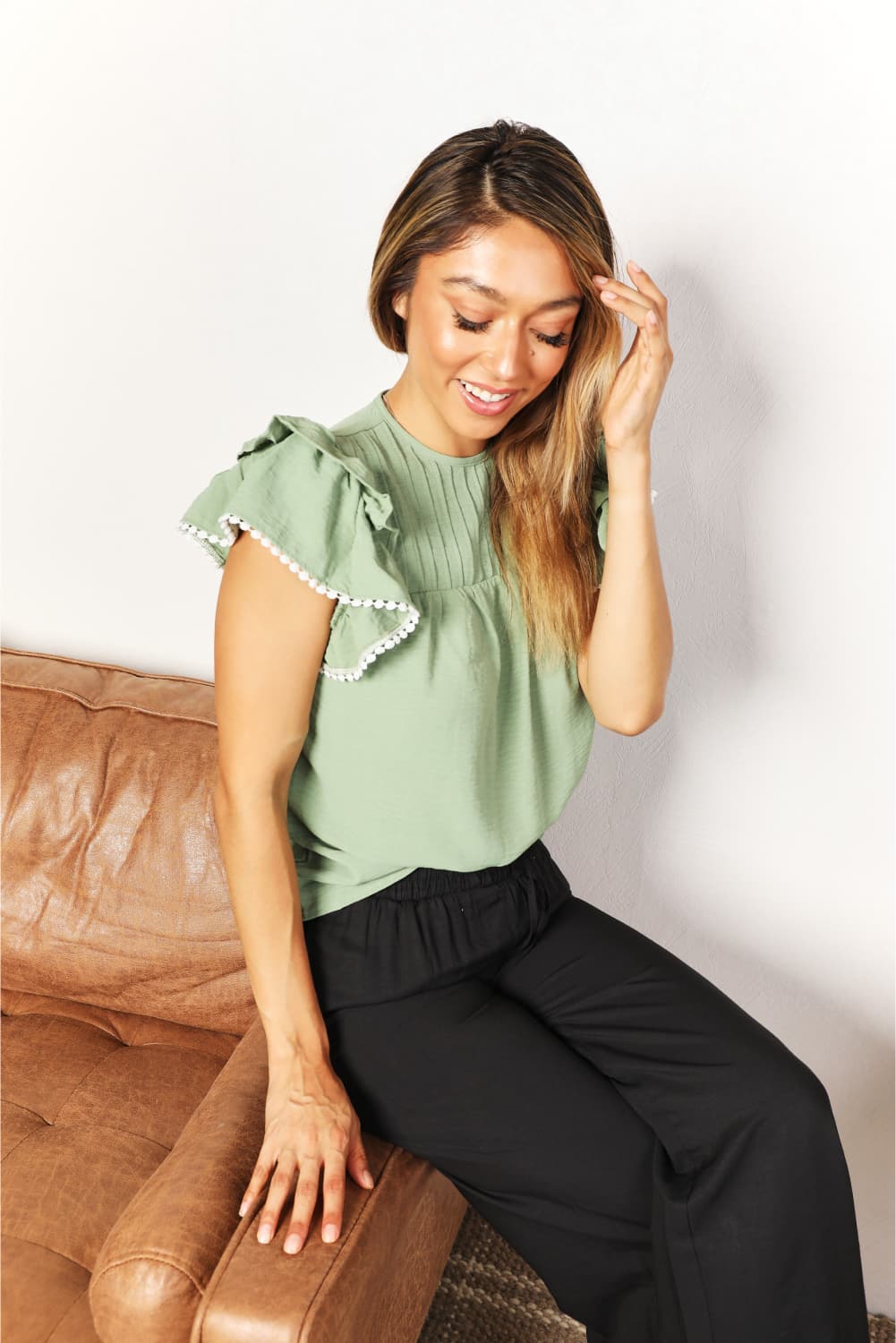 Stylish Pleated Detail Flutter Sleeve Blouse - Casual & Versatile