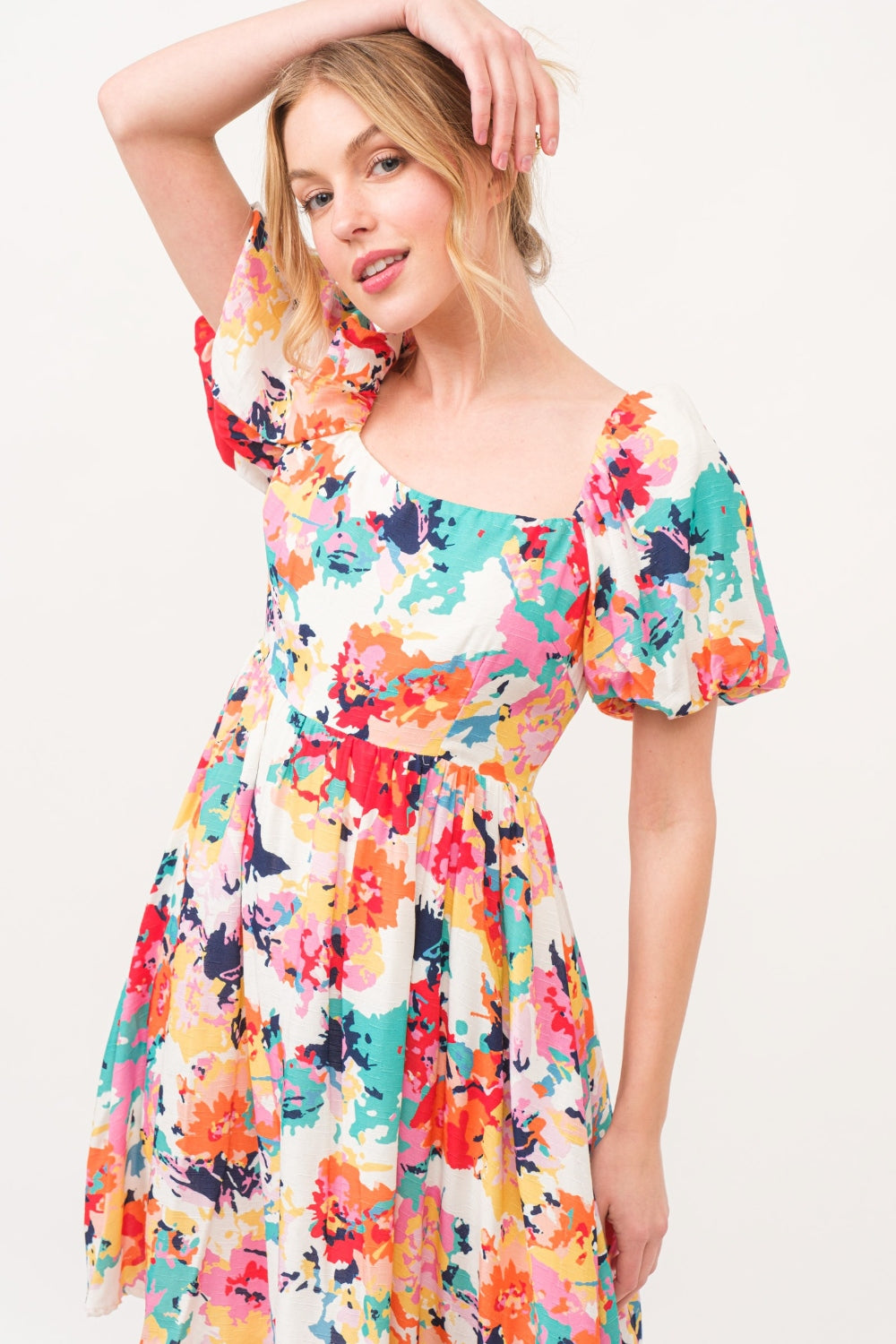 Square Neck Puff Sleeve Floral Dress by And The Why - Elegant Summer Outfit