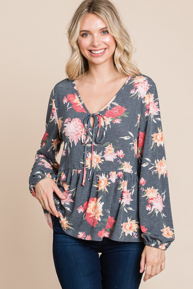 Elegant Floral Long Sleeve Babydoll Blouse - Women's Full Size Top by Super Lady