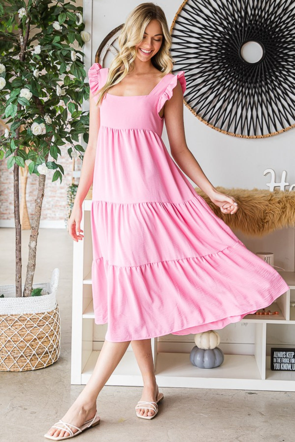 Elegant Ruffled Sleeveless Tiered Midi Dress by Reborn J - Perfect for Any Occasion