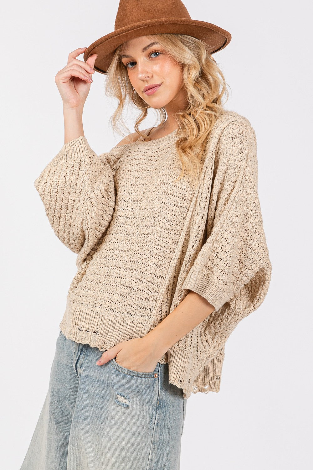 SAGE + FIG Women's Distressed Asymmetrical Open Stitch Sweater - Trendy & Comfortable Pullover