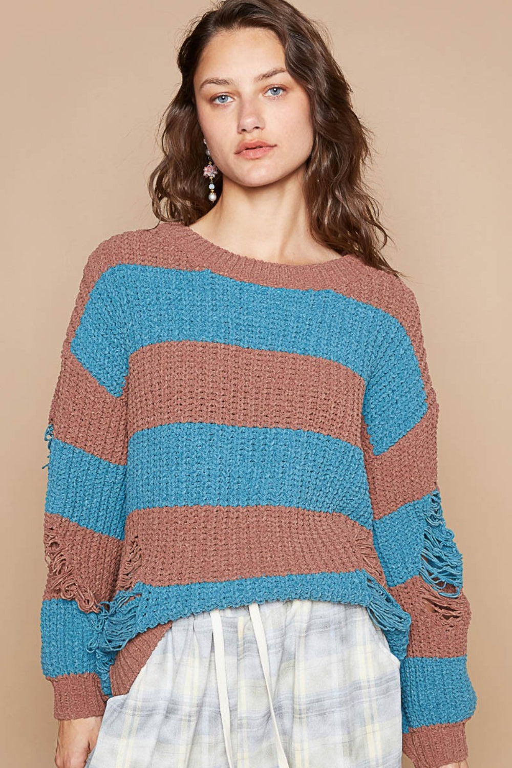 POL Striped Distressed Long Sleeve Chenille Sweater for Women