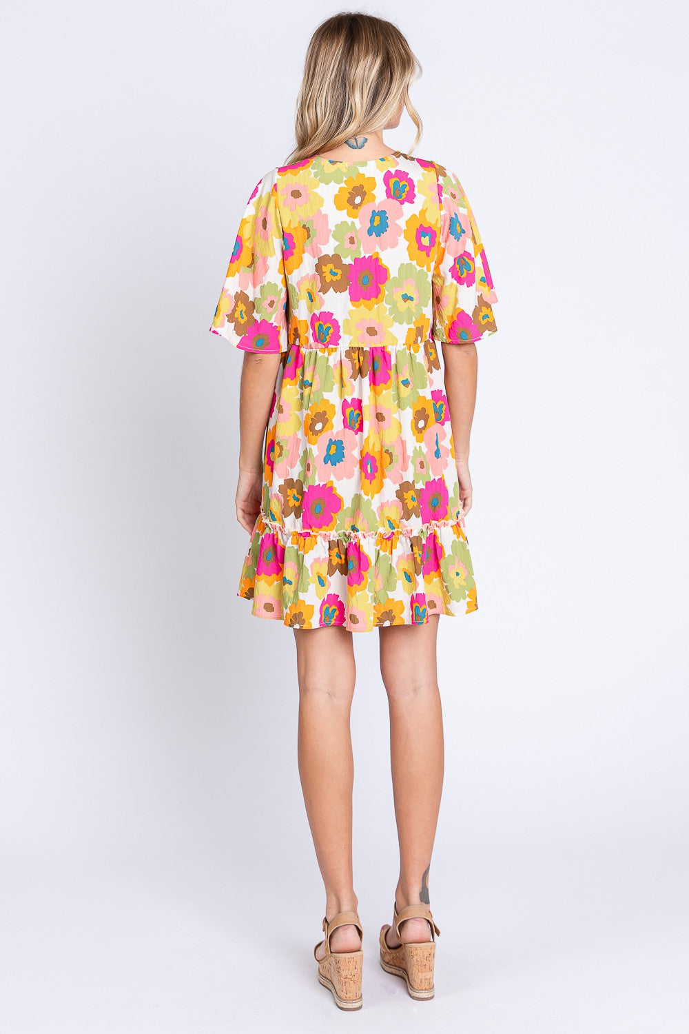 GeeGee Floral V-Neck Mini Dress with Ruffle Hem - Women's Spring/Summer Fashion
