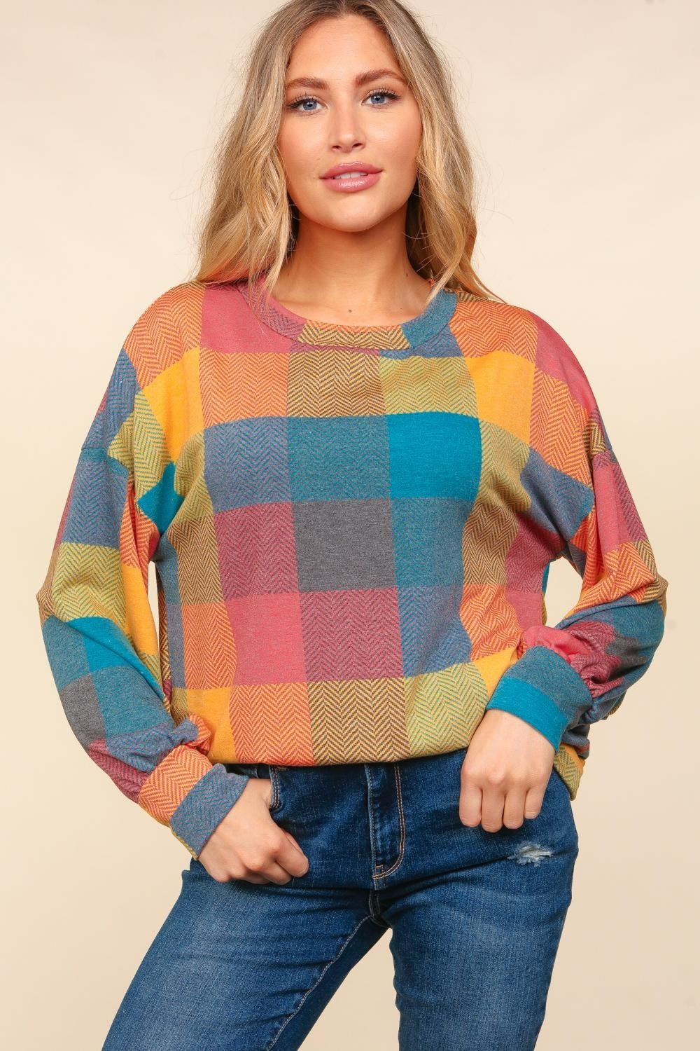 Haptics Contrast Plaid Round Neck Sweater - Cozy & Stylish Wardrobe Essential