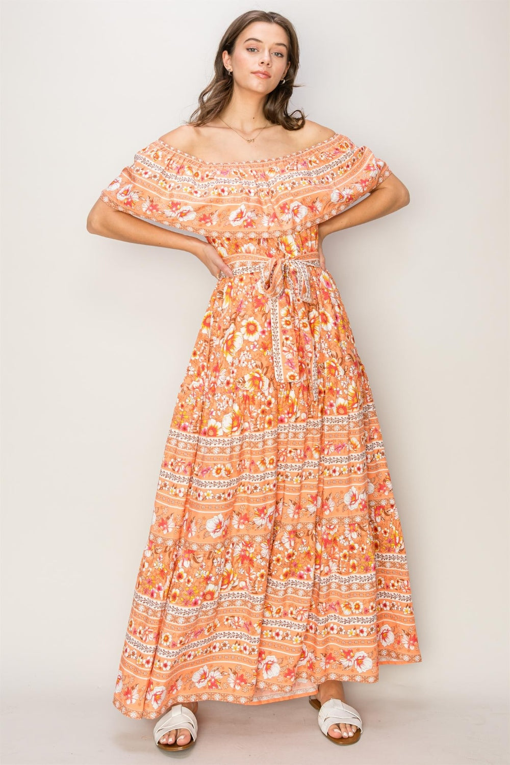 HYFVE Floral Off-Shoulder Tie Front Maxi Dress - Elegant Event Wear