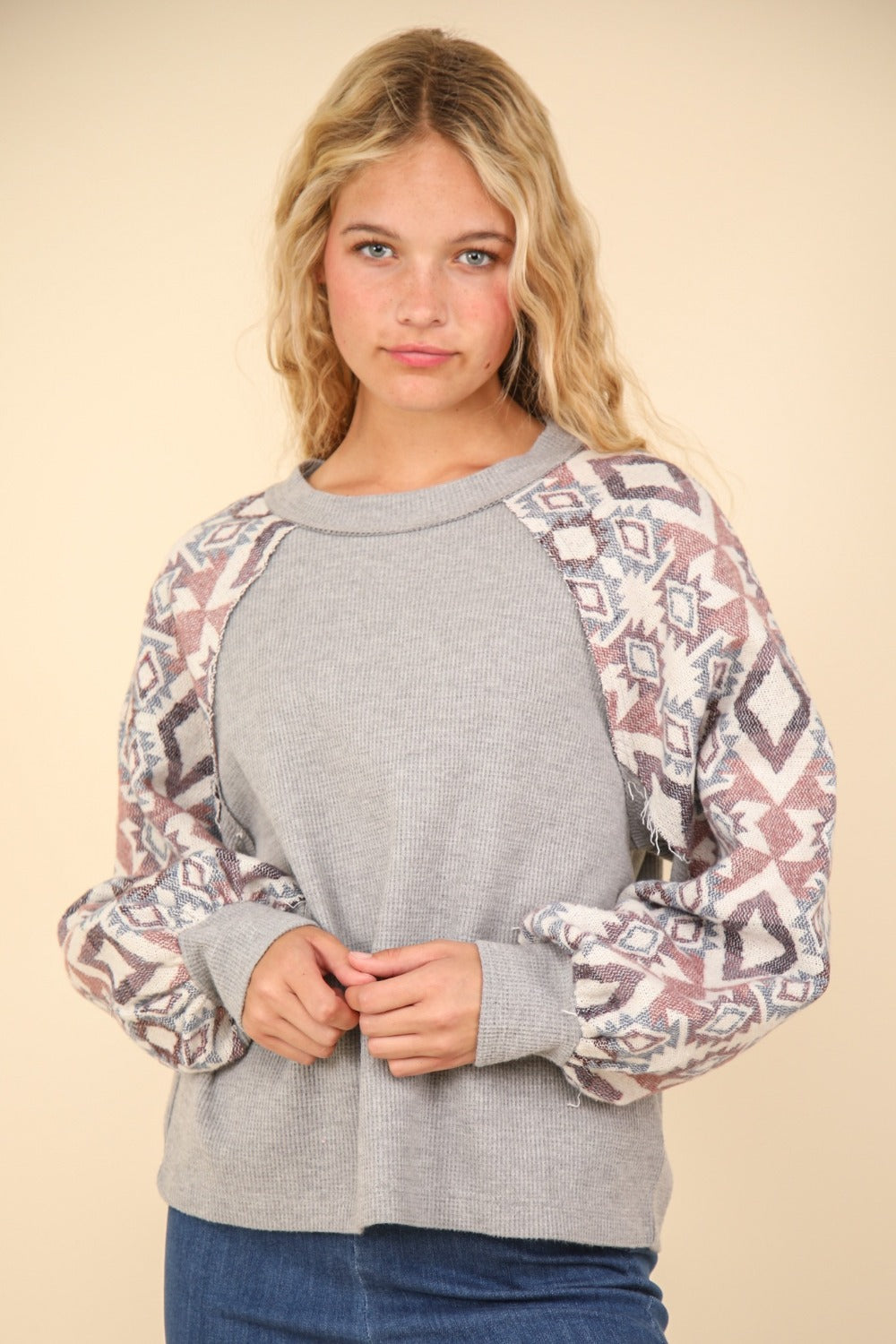 Women's Fashionable VERY J Printed Knit Top - Long Sleeve, Round Neck