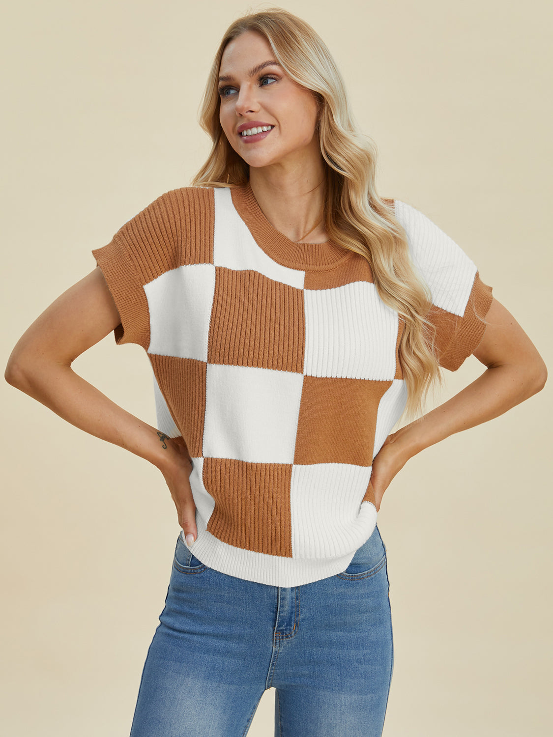 Stylish Checkered Round Neck Short Sleeve Sweater - Double Take Collection