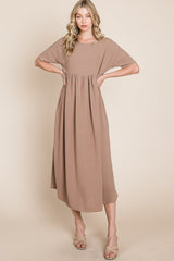 Chic BOMBOM Round Neck Ruched Midi Dress - Versatile Fashion