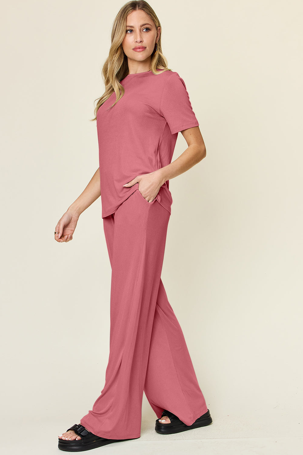 Women's Basic Style Two-Piece Set: Round Neck T-Shirt & Wide Leg Pants