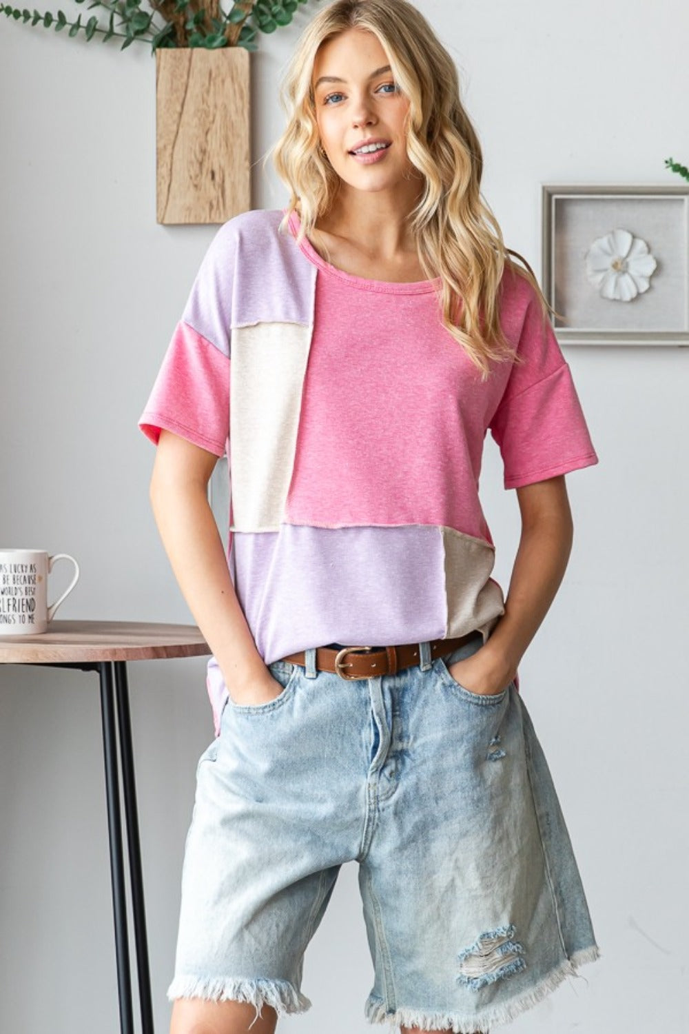 HOPELY Full Size Color Block Exposed Seam T-Shirt - Trendy & Comfortable Fashion