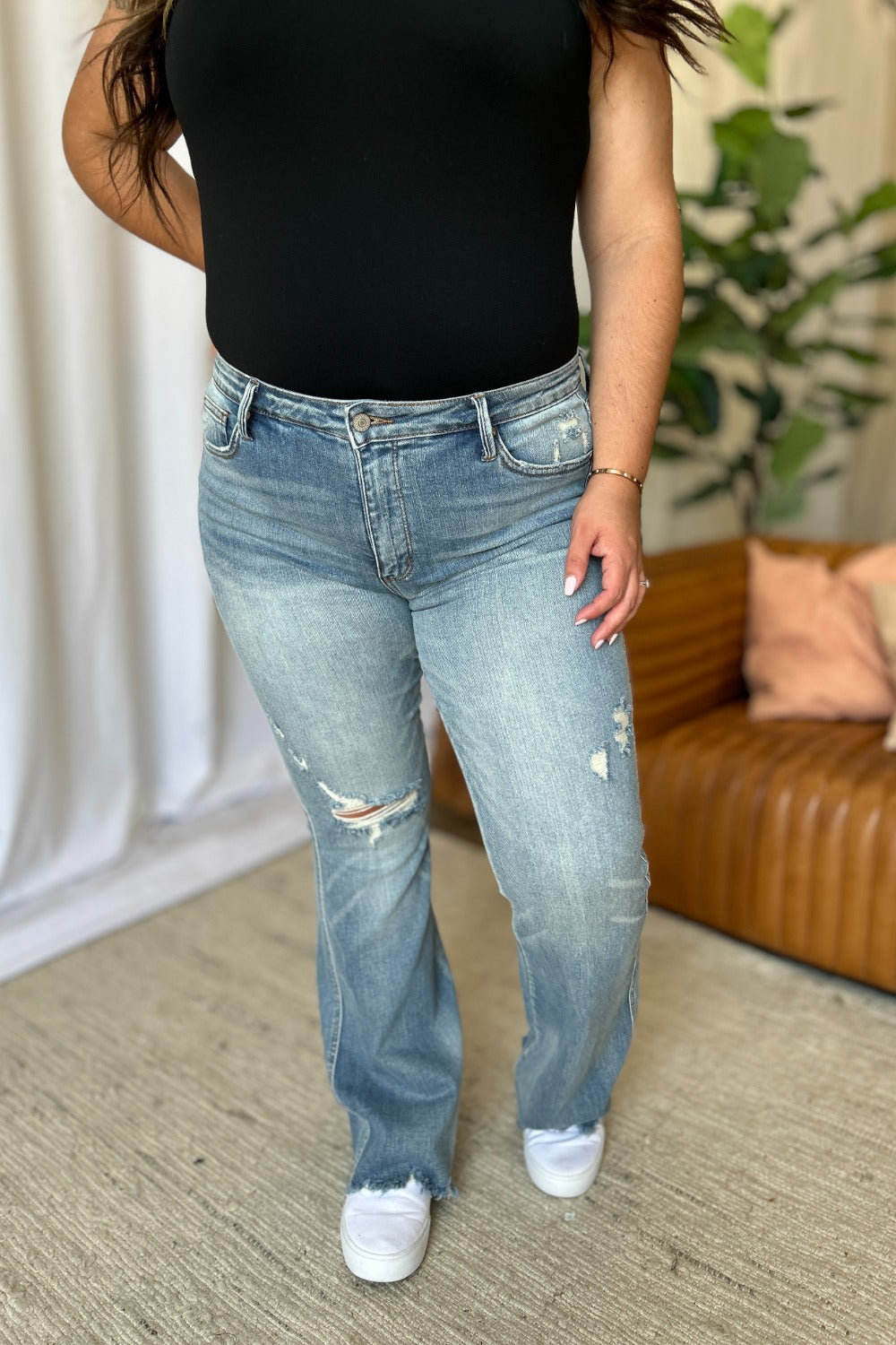 Judy Blue Women's Distressed Tummy Control Flare Jeans - Medium Rise Denim
