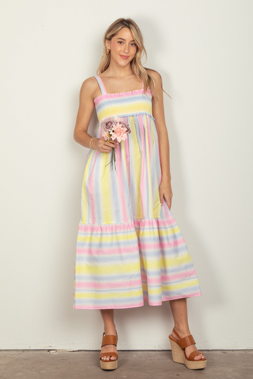 Stylish Striped Woven Smocked Midi Cami Dress by VERY J