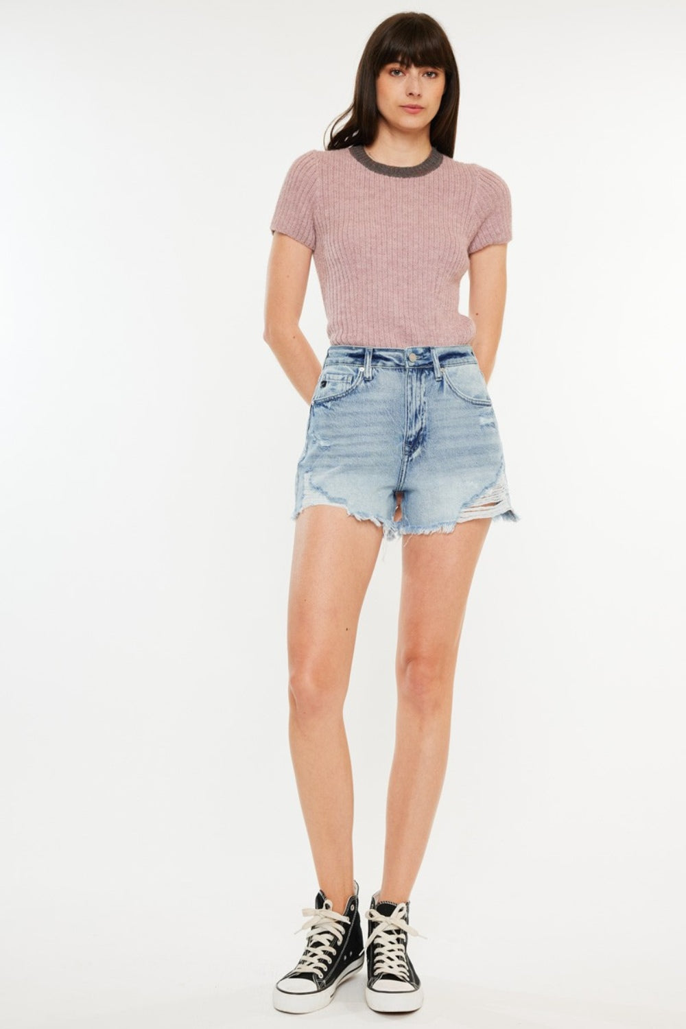 Kancan Distressed High Waist Denim Shorts with Pockets - Stylish & Comfortable