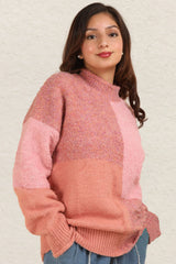 Trendy Color Block Mock Neck Sweater with Drop Shoulders - Cozy & Stylish
