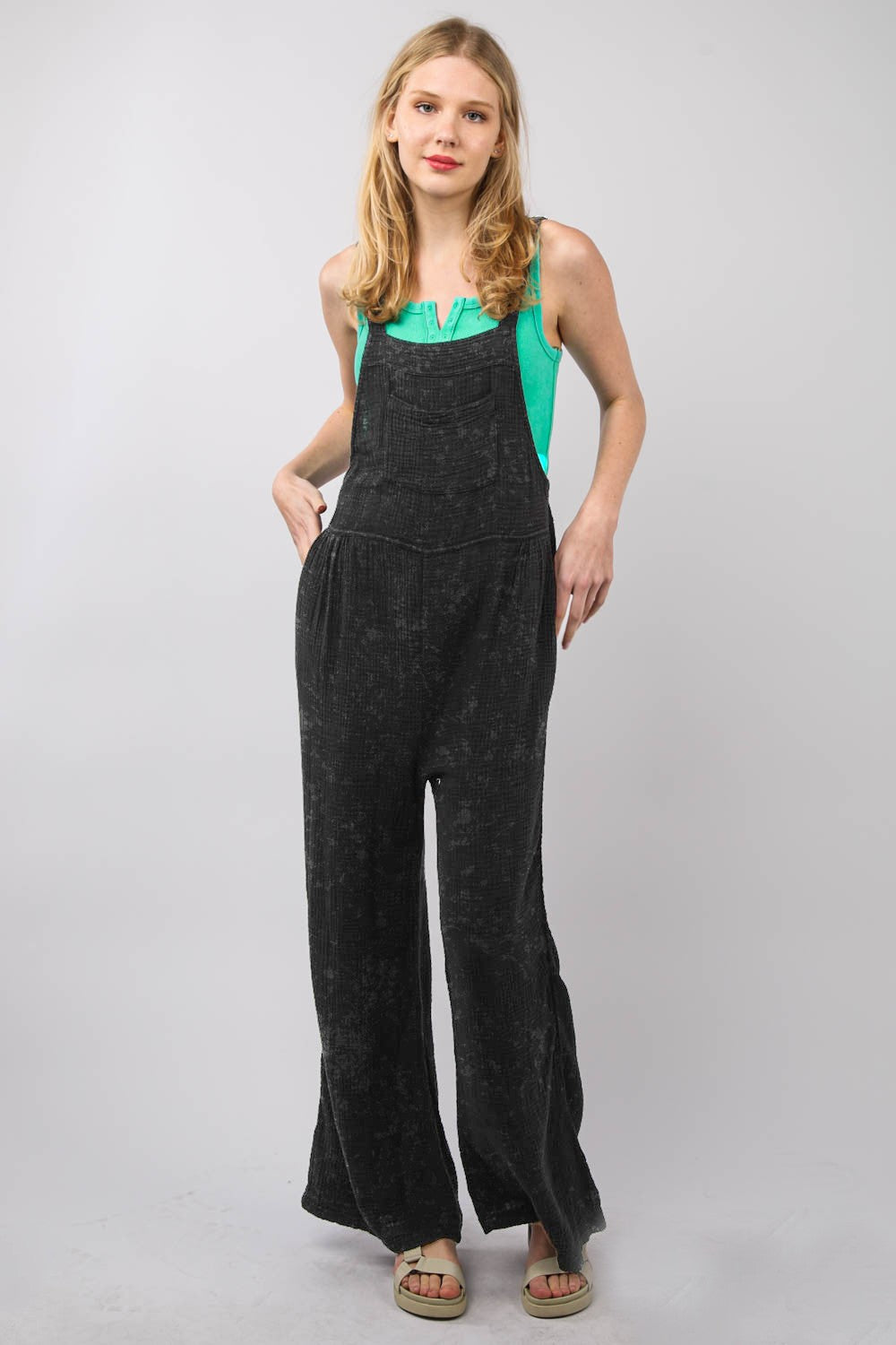 Trendy Texture Washed Wide Leg Overalls - 100% Cotton, Vintage Style