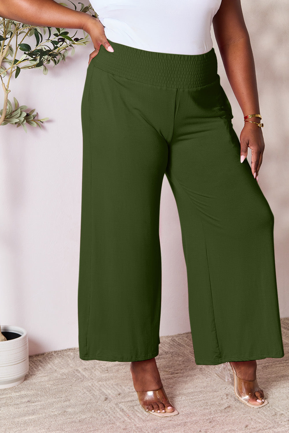 Women's Full Size Smocked High-Waist Wide Leg Pants - Trendy & Comfortable