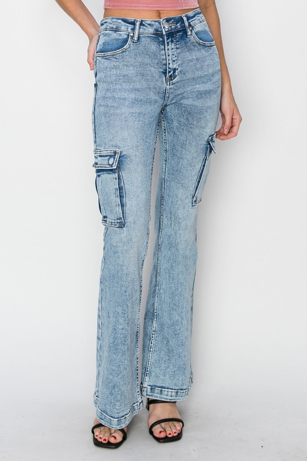 RISEN High Rise Cargo Flare Jeans - Vintage Flare with Modern Comfort