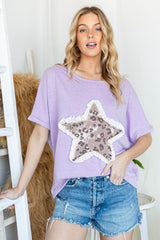 HOPELY Leopard Star Patch Women’s Short Sleeve T-Shirt - Trendy Casual Wear