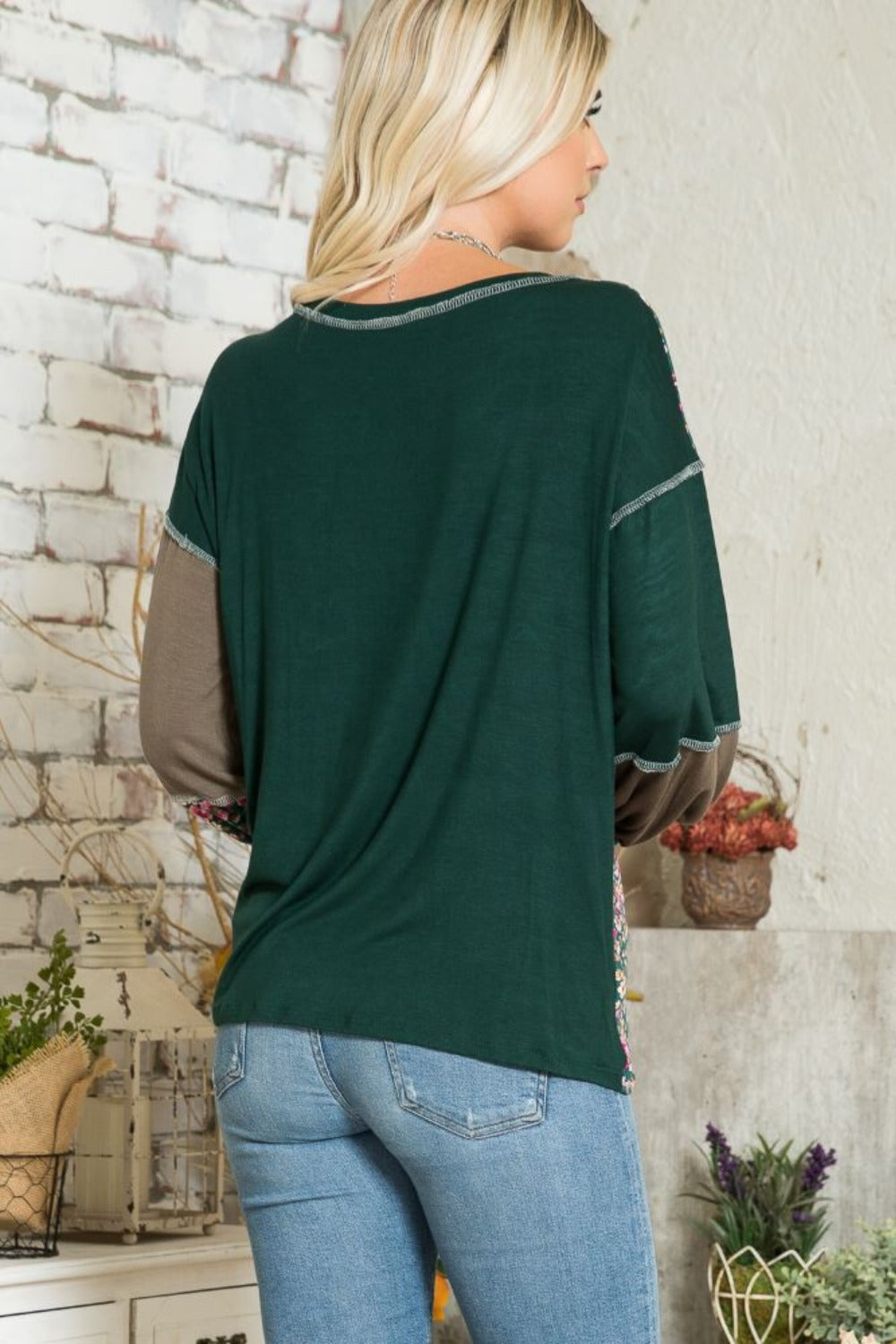 Celeste Women's Full Size Floral Color Block T-Shirt with Exposed Seams