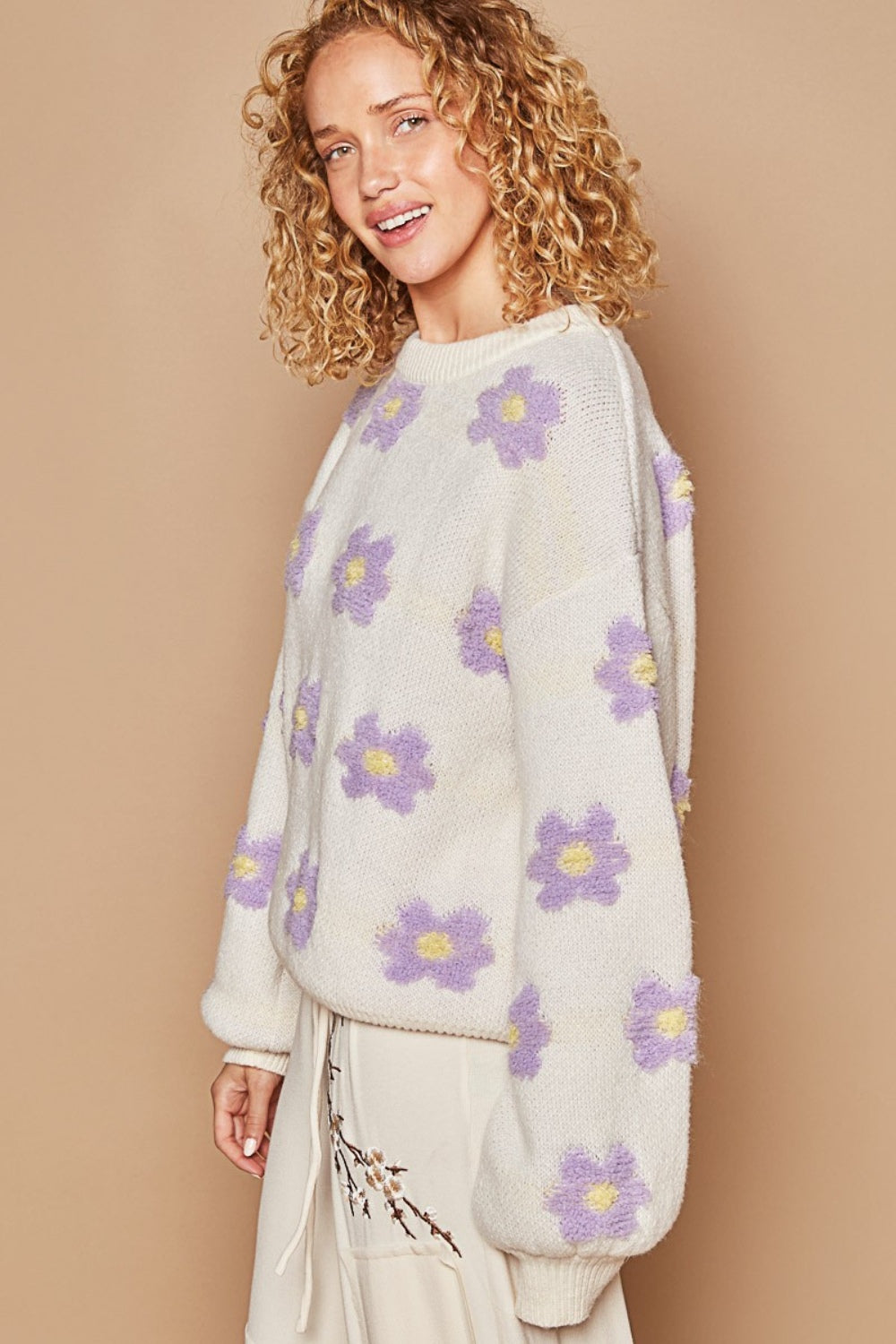 POL Daisy Pattern Drop Shoulder Sweater - Cozy Oversized Knit for Women