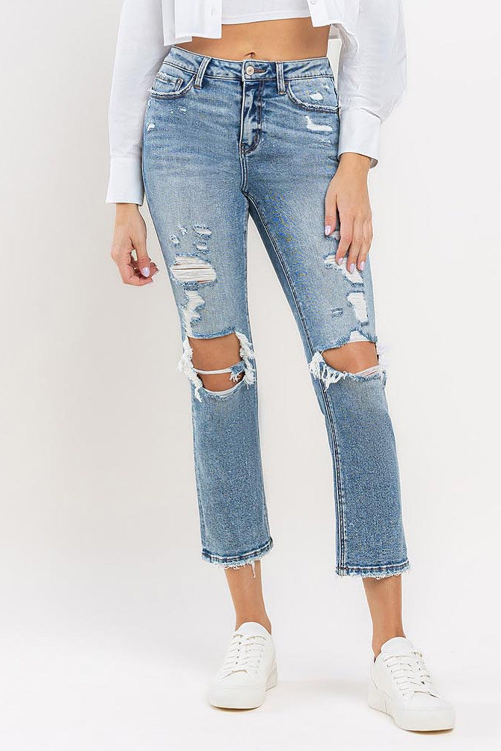 Lovervet Full Size High Rise Slim Straight Jeans - Classic Distressed Denim with Raw Hem