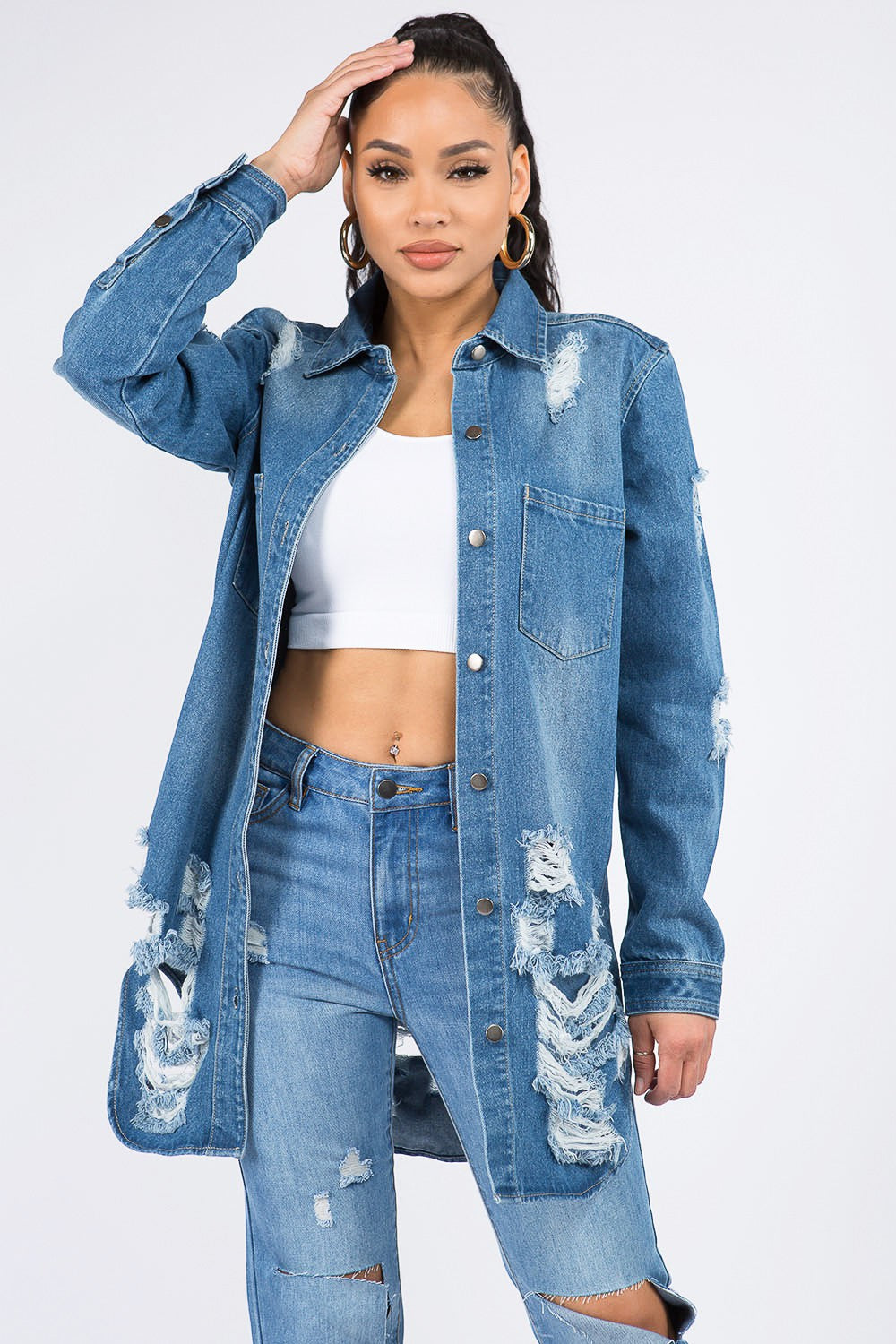 American Bazi Distressed Denim Shirt Jacket - Vintage Style for Everyday Wear