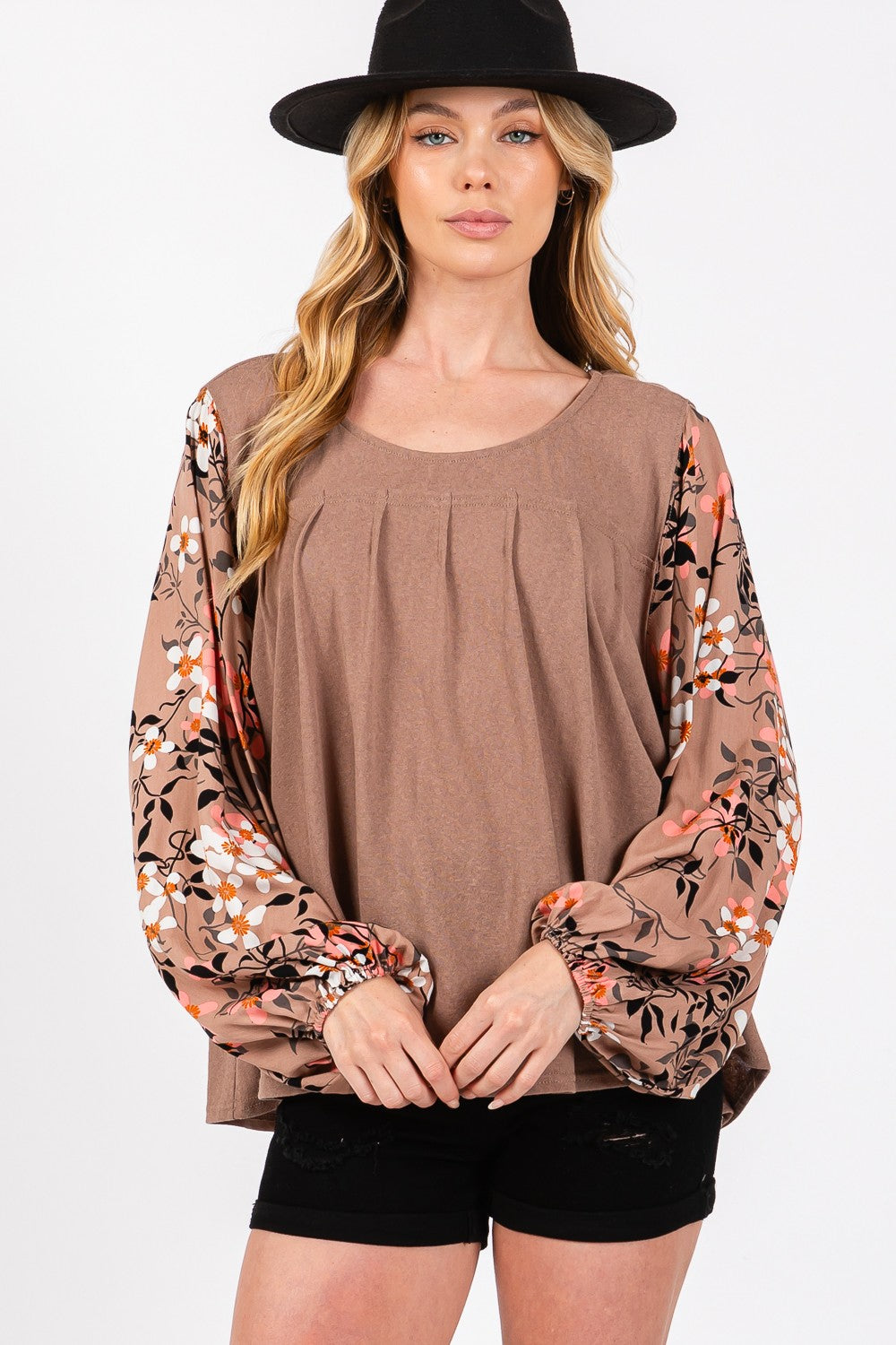 Chic Floral Long Sleeve Pleated Blouse - SAGE + FIG