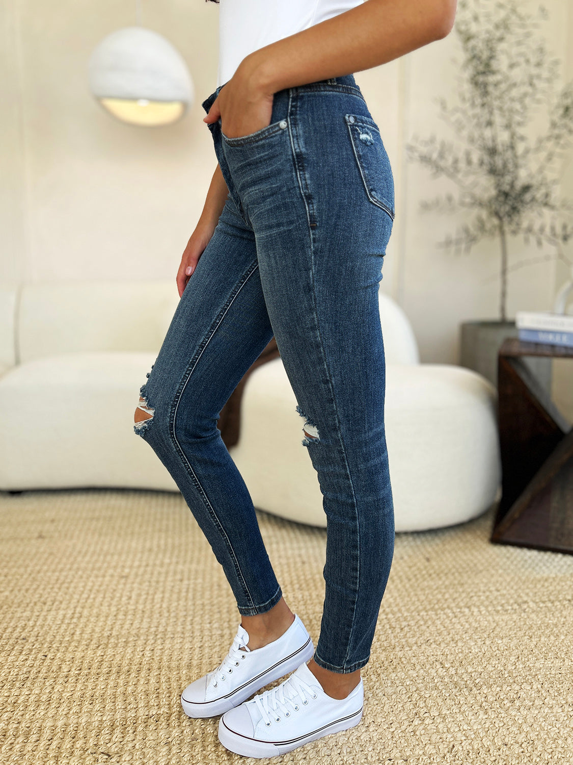 Judy Blue Mid Waist Distressed Slim Jeans - Trendy & Comfortable Denim