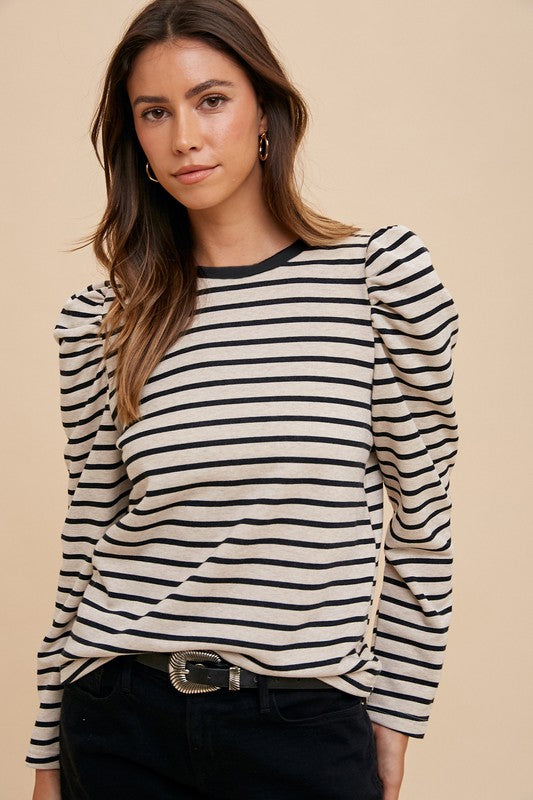 Annie Wear Women's Striped French Terry Puff Sleeve Top - Cozy & Stylish