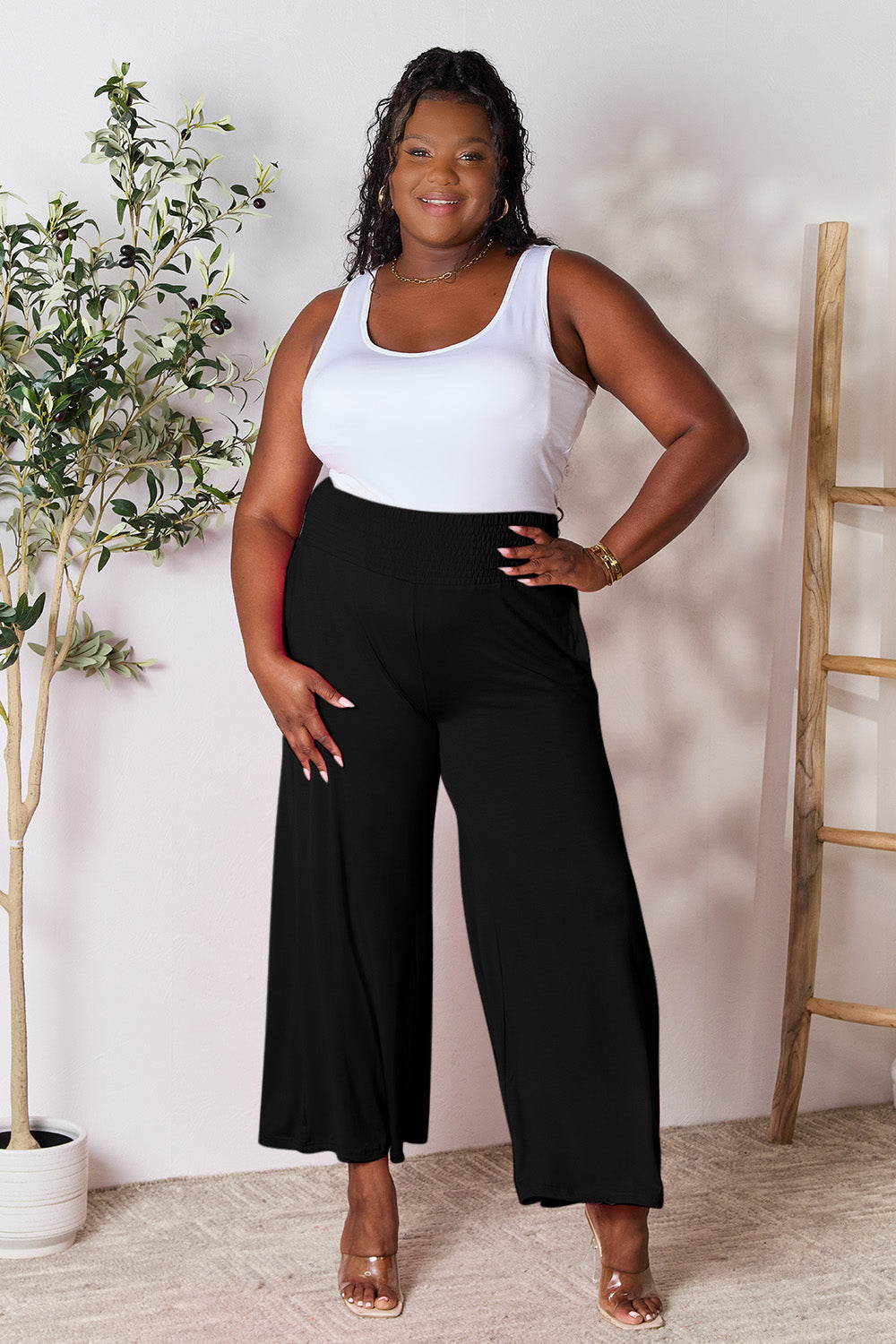 Women's Full Size Smocked High-Waist Wide Leg Pants - Trendy & Comfortable