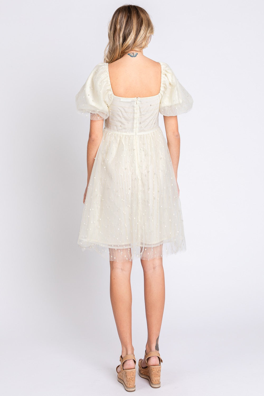 GeeGee Pearl Mesh Puff Sleeve Babydoll Dress - Elegant Special Occasion Wear