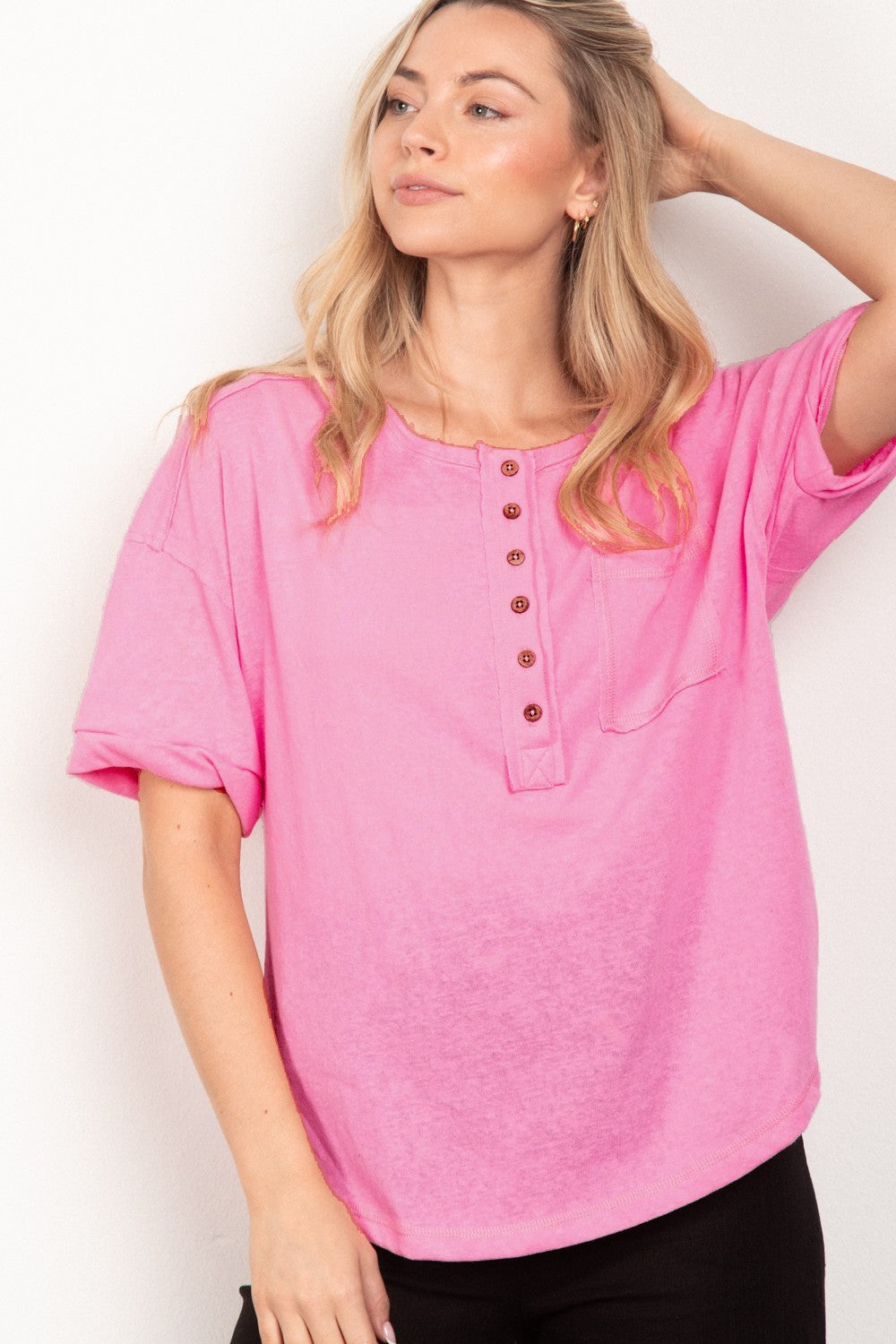 VERY J 90s-Inspired Twisted Sleeve Henley Knit Top with Button Front