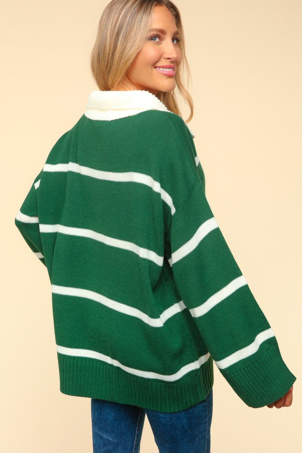 Haptics Women's Collared Neck Striped Contrast Sweater - Stylish & Versatile