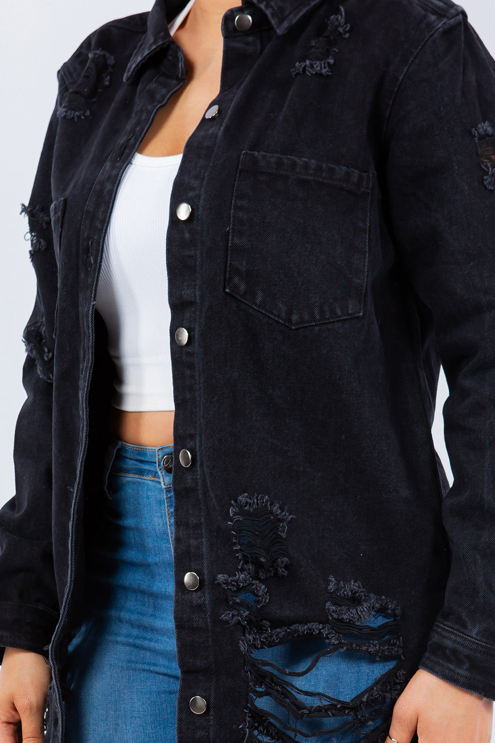 American Bazi Distressed Long Sleeve Denim Jacket - Trendy Button-Up Design