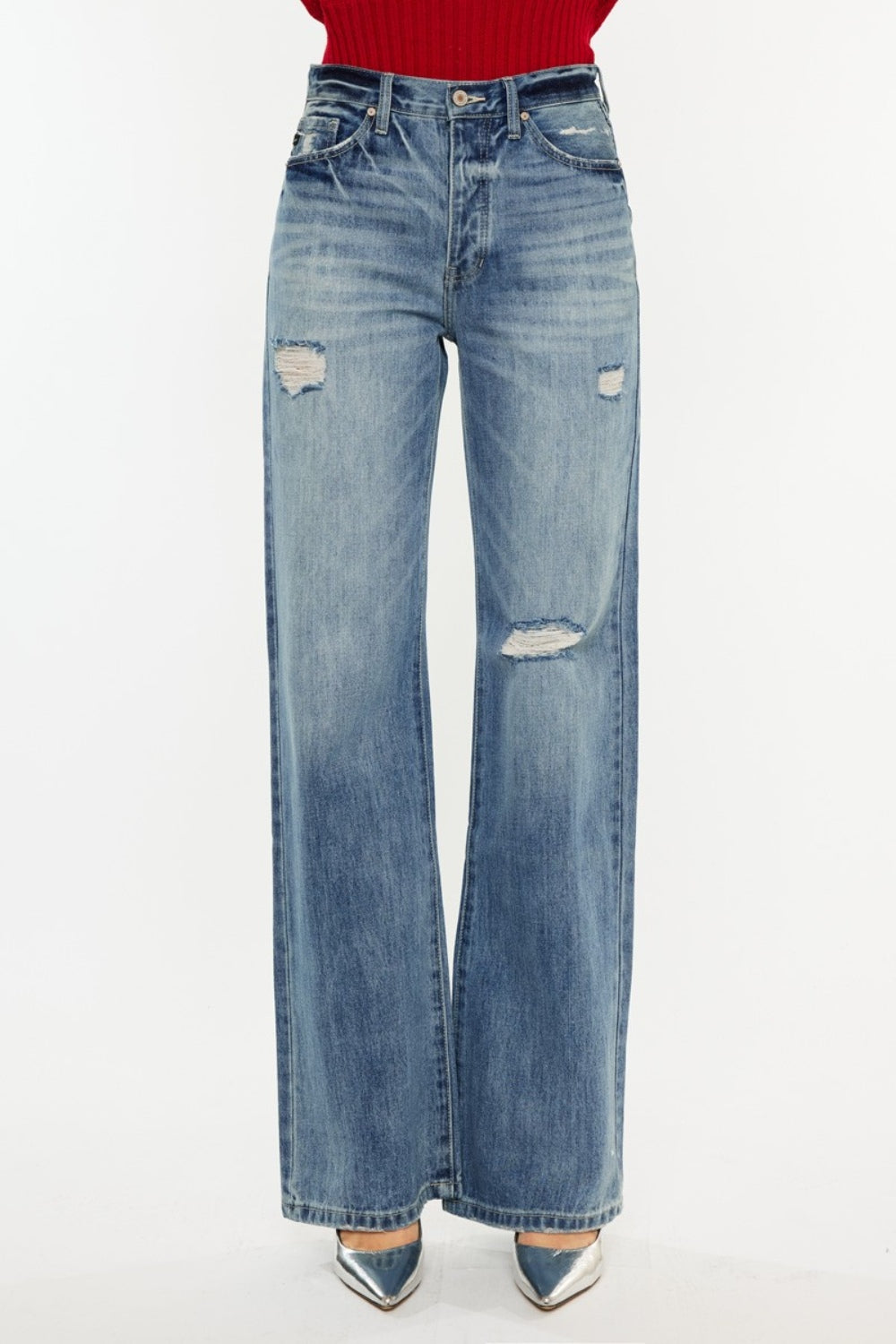 Kancan Women's Distressed High Waist Bootcut Jeans - Retro Chic Fashion for a Flattering Silhouette