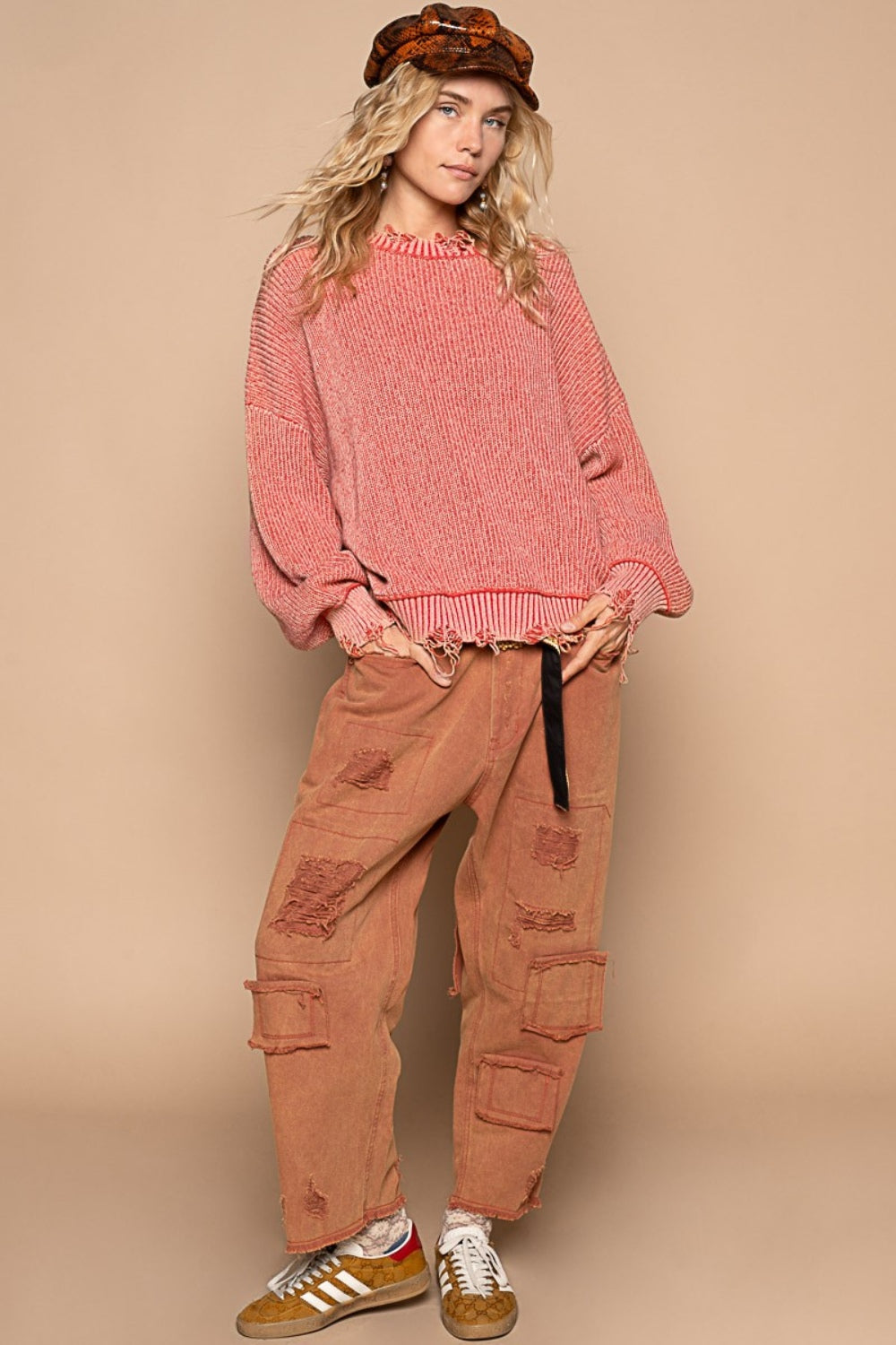 POL Distressed Washed Drop Shoulder Sweater - Edgy & Cozy Fashion Essential