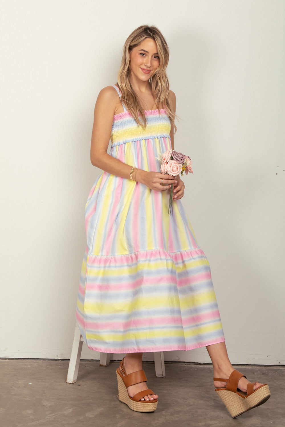 Stylish Striped Woven Smocked Midi Cami Dress by VERY J