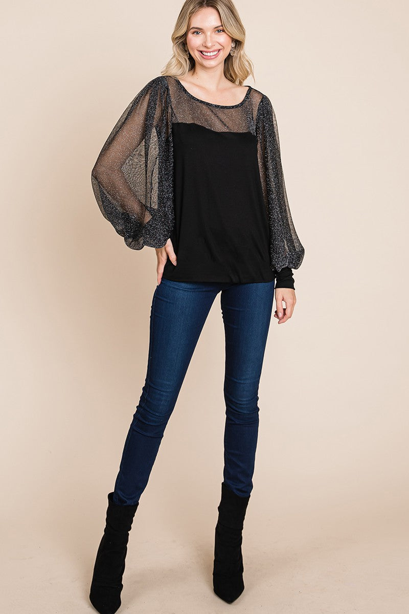 Super Lady Metallic Mesh Lantern Sleeve Blouse - Elegant Full Size Fit for Every Occasion