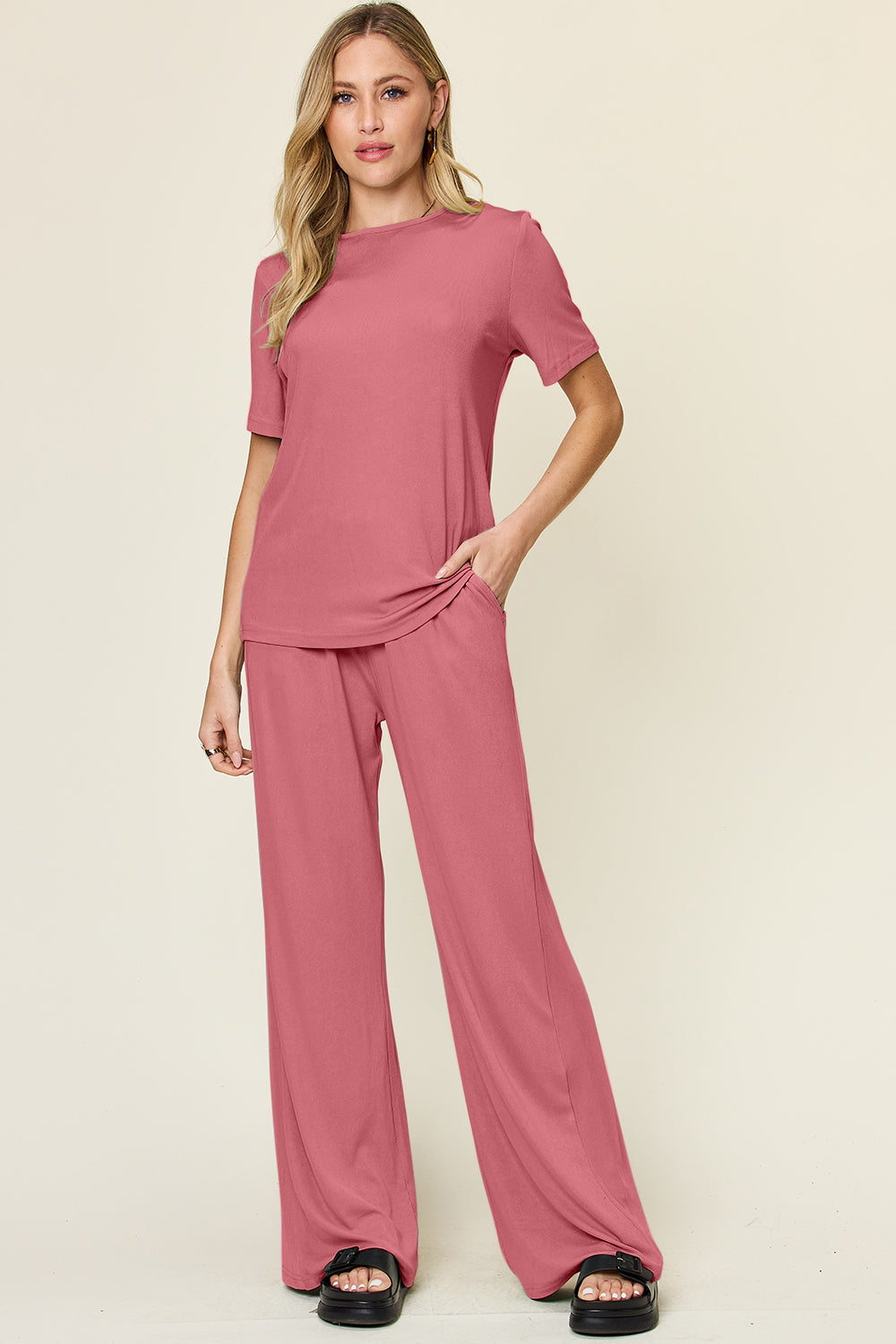 Women's Basic Style Two-Piece Set: Round Neck T-Shirt & Wide Leg Pants