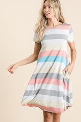 BOMBOM Women's Striped Short Sleeve Dress with Pockets - Casual & Chic Style